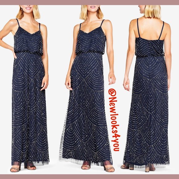 NEW Adrianna Papell Art Deco Beaded Blouson Gown in‎ NAVY Blue [SZ 12 ] - Picture 1 of 7